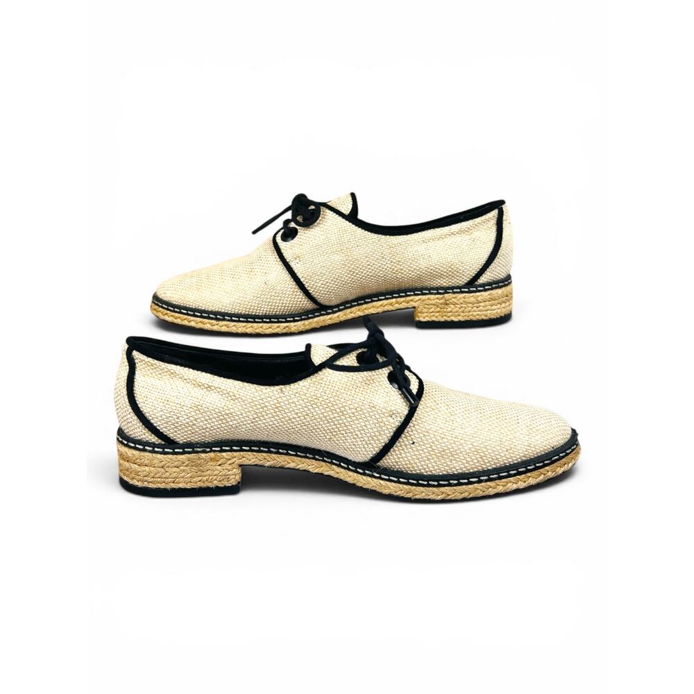Tory Burch Fawn Canvas Espadrille Oxford Shoes Size 6.5 Lace Up Raffia Jute - Picture 6 of 10